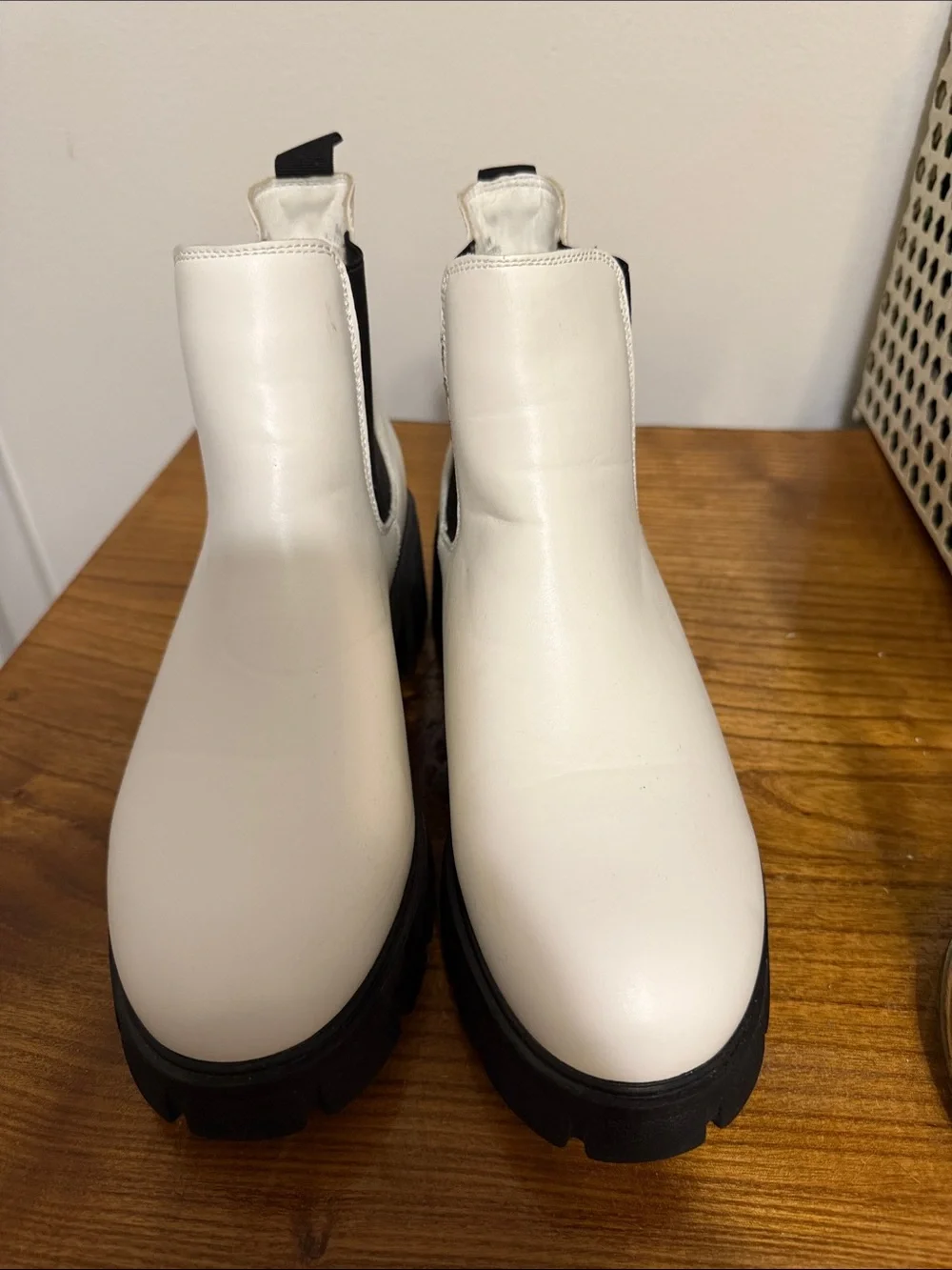 White Chelsea Platform Ankle Boots with Black Elastic Panels (never worn)